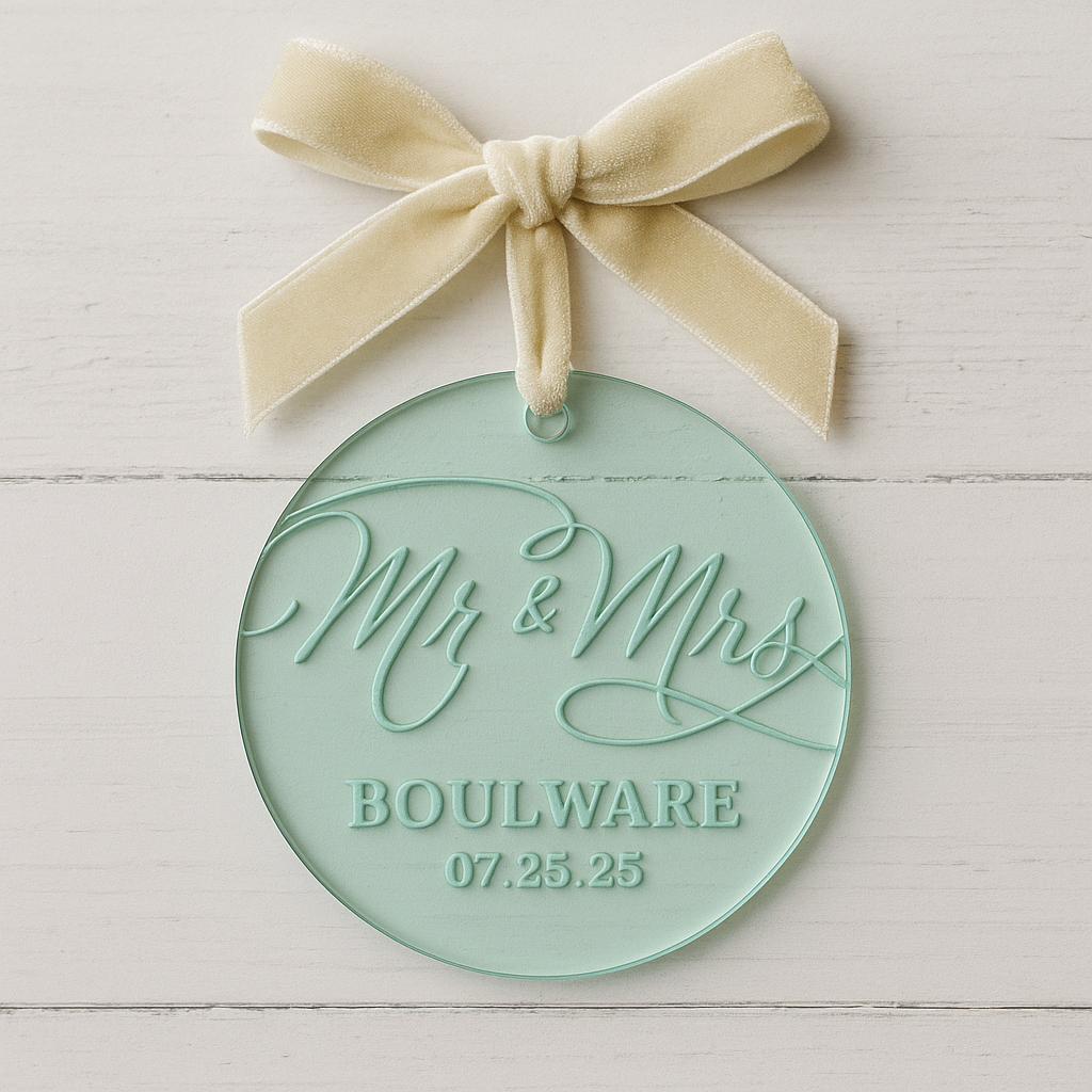 Minimalist Personalized Wedding Ornament – 3.5” Round